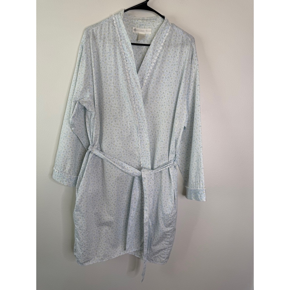 Eileen West Blue Floral Cotton Robe Medium Daisy Print Lace Trim Pockets Wrap - Picture 3 of 13